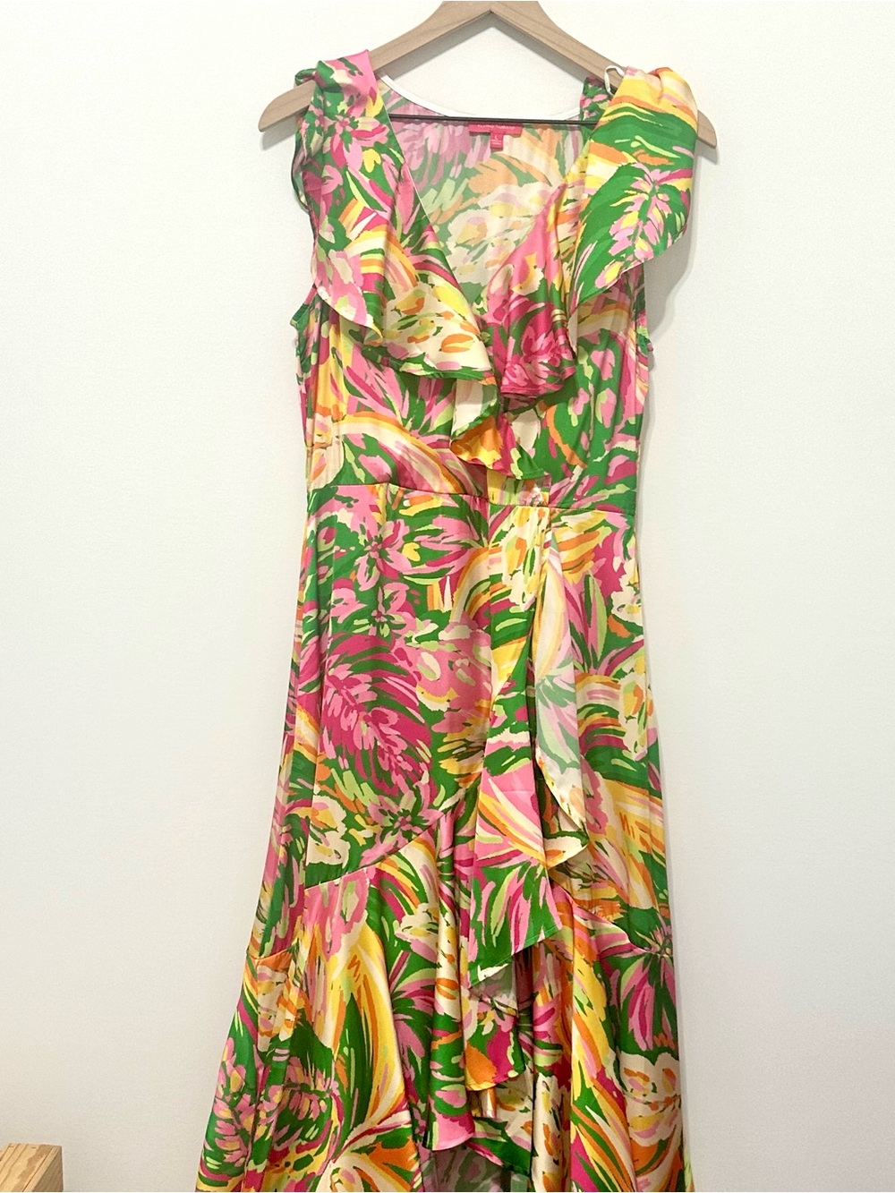 Flying Tomato Floral Ruffle Wrap Dress in Pink, Green & Yellow